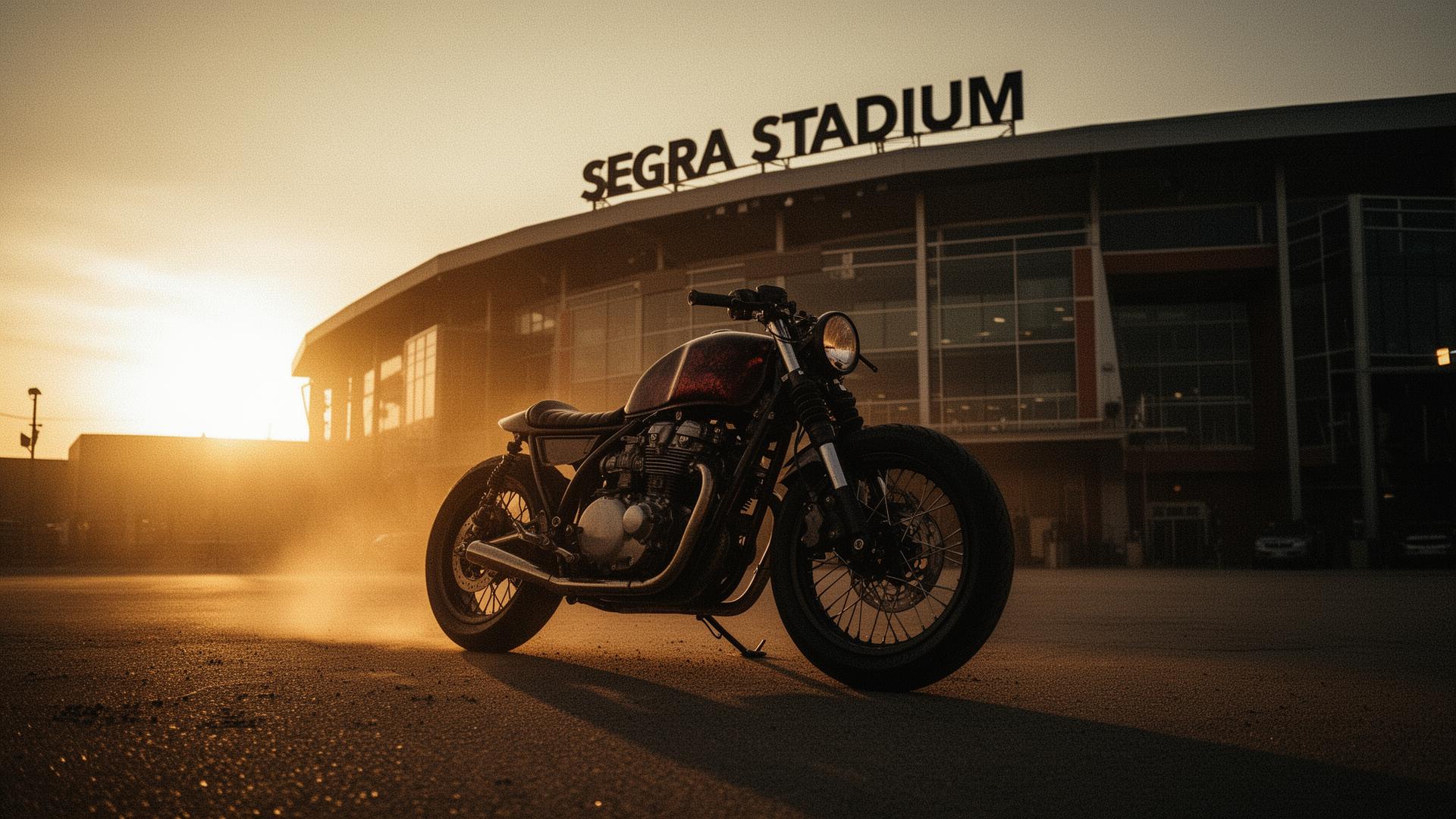 A custom motorcycle parked outside Segra Stadium at golden hour
